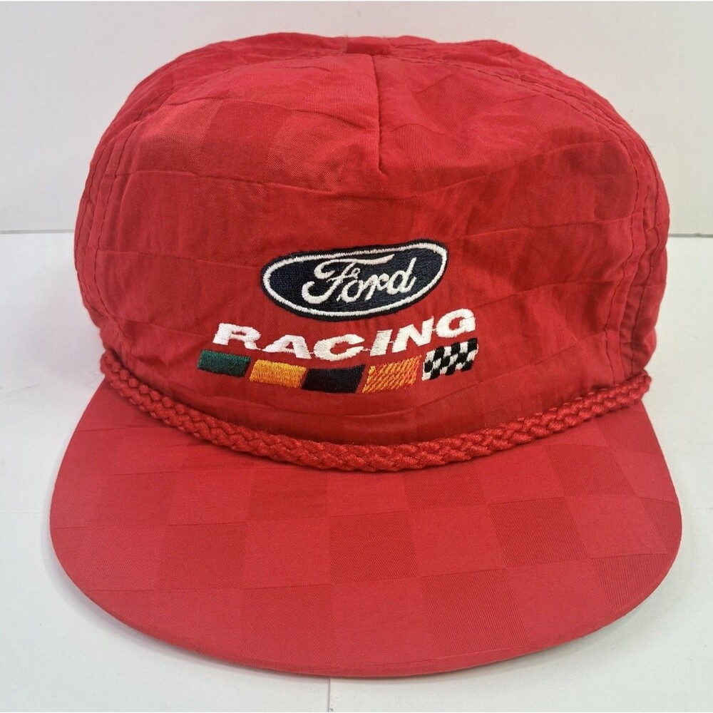 VINTAGE Ford Racing Hat Red Made USA Checkered Embroidered Rope Trucker 80s 90s